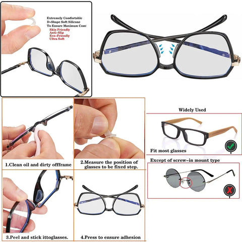 Silicone eyeglasses retainers installation steps, includes cleaning, measuring, and adhering on glasses, suitable for most frames.