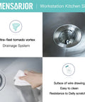 Close-up of 14 x 19 Inch Workstation Undermount Kitchen Sink With Single Bowl, 16 Gauge Stainless Steel, drainage and cleaning features.