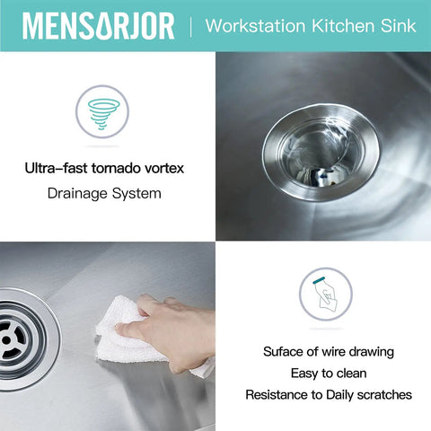 Close-up of 14 x 19 Inch Workstation Undermount Kitchen Sink With Single Bowl, 16 Gauge Stainless Steel, drainage and cleaning features.