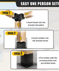 4x4 Woodworks Pergola Brackets Kit assembly steps for 3-way corner, showing insertion of wood beams into black steel brackets.