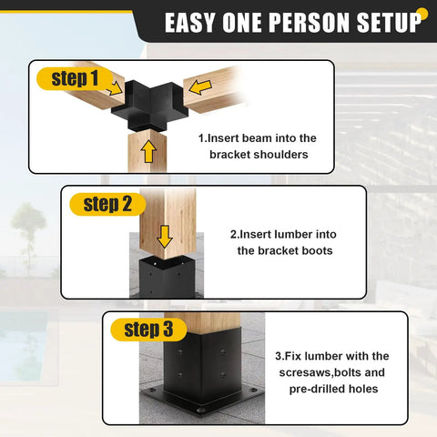 4x4 Woodworks Pergola Brackets Kit assembly steps for 3-way corner, showing insertion of wood beams into black steel brackets.