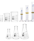 Nine Piece Lab Glassware Set Made From Borosilicate 3 Point 3 Glass Includes Beakers Erlenmeyer Flasks And Graduated Cylinders