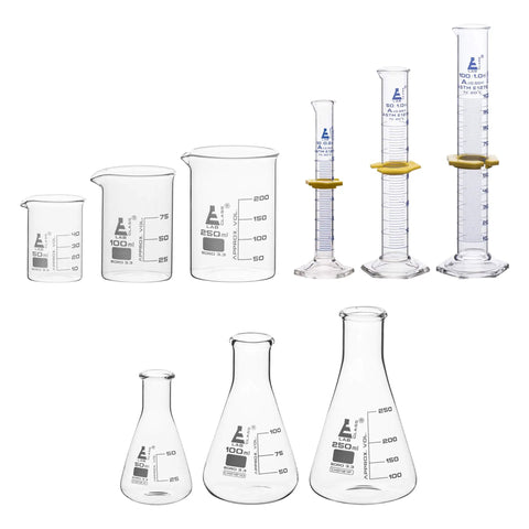 Nine Piece Lab Glassware Set Made From Borosilicate 3 Point 3 Glass Includes Beakers Erlenmeyer Flasks And Graduated Cylinders