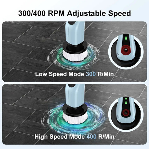 Cordless Spin Scrubber With Adjustable Extension Handle And 7 Replaceable Brush Heads For Bathroom Cleaning Water Resistant Shower Scrubber For Tiles Grout Tub Floor And Walls with speed modes visible