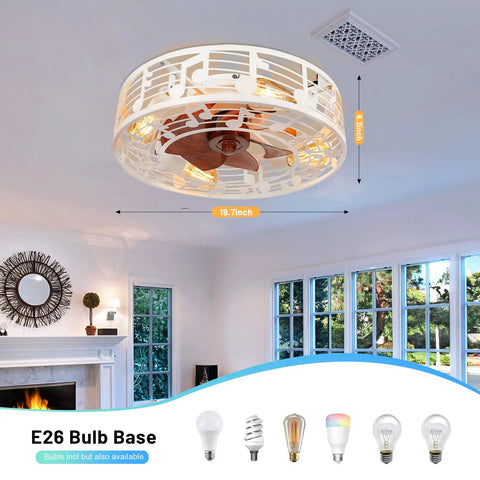 Enclosed Dope Modern 20 Inch Farmhouse Ceiling Fan With Light And Remote Low Profile White Finish in living room setting