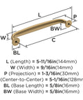 Dimensions diagram of Renown Champagne Bronze Cabinet Pull Five And One Sixteenth Inch Center To Center Traditional Drawer Handle For Cabinets And Furniture Warm Elegant Finish 128 Millimeter Spacing One Pack showing length, width, projection, and center-to-center spacing.