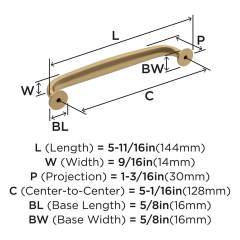 Dimensions diagram of Renown Champagne Bronze Cabinet Pull Five And One Sixteenth Inch Center To Center Traditional Drawer Handle For Cabinets And Furniture Warm Elegant Finish 128 Millimeter Spacing One Pack showing length, width, projection, and center-to-center spacing.