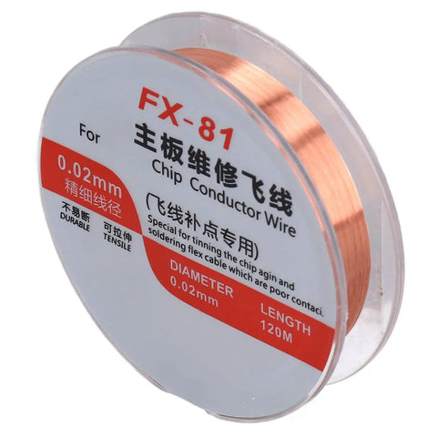 Spool of FX-81 0.02mm chip conductor wire for PCB repair; visible side with specifications.