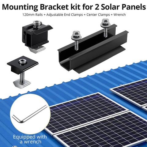 No Sweat Solar Panel Roof Mounting Kit With Six Heavy Duty Four Point Seven Two Inch Rails and Flexible Adjustable End Clamps for Fast Rooftop Install On Thick Panels with brackets and wrench on a blue roof.