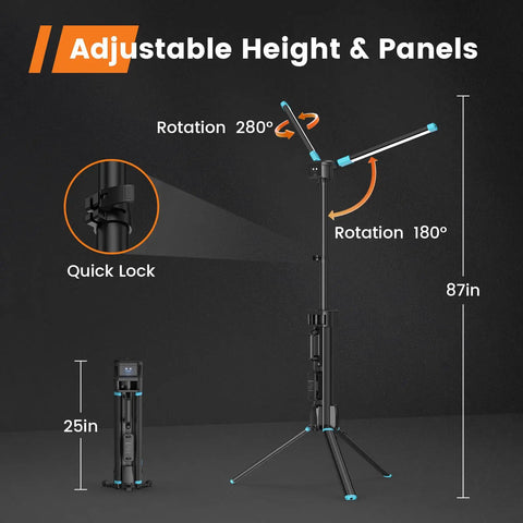 Rechargeable Work Light With Stand, Triple LED Heads For Boss Level Lighting showing adjustable tripod and LED angles
