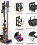 Heavy Duty Cordless Vacuum Stand Docking Station With Wheels, Boss Level Storage Holder, features labeled sections for organizers.