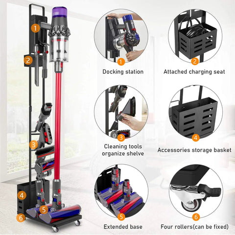 Heavy Duty Cordless Vacuum Stand Docking Station With Wheels, Boss Level Storage Holder, features labeled sections for organizers.