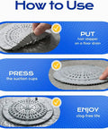 How to use the 2 Pack Silicone Shower Drain Hair Catcher Designed For Sunken Tub Installations by placing and pressing suction cups.