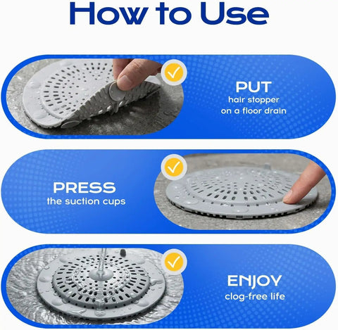 How to use the 2 Pack Silicone Shower Drain Hair Catcher Designed For Sunken Tub Installations by placing and pressing suction cups.