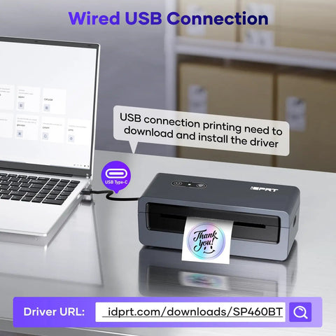 Wireless 4x6 Bluetooth Thermal Label Printer For Small Business And Shipping Print From IPhone Android Windows MacOS Easy App Connectivity For Amazon FBA And Shopify Orders Compact Desk Friendly connected via USB to laptop, printing a label.