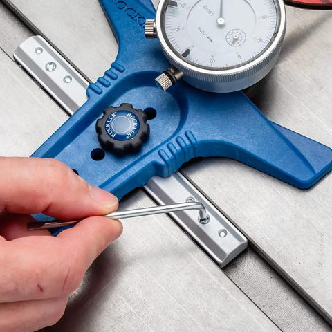 Using hex key on Table Saw Alignment Gauge With Precision Dial Indicator For Perfect Parallel Cuts, Aluminum Miter Bar visible