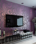 Room with TV and sleek decor featuring 3D Flocking Wall Wallpaper Roll With Abstract Curve Pattern In Striped Purple For A Dope Accent Wall