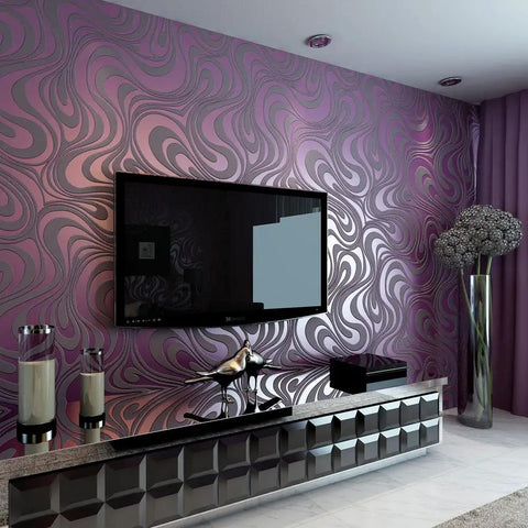 Room with TV and sleek decor featuring 3D Flocking Wall Wallpaper Roll With Abstract Curve Pattern In Striped Purple For A Dope Accent Wall