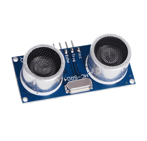 Two Pack HC-SR04 Ultrasonic Sensor Module Kit With Housing And Mounting Brackets And 10P Jumper Cables For Arduino Projects Great For DIY Distance Measuring And Proximity Sensing shown close-up on white background