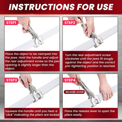Instructions for use of No Sweat 9 Inch Locking Pliers Set with steps for clamping and releasing objects securely.