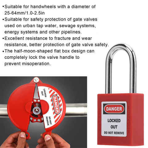 Heavy Duty Valve Lockout Safety Padlock For Home Gas And Water Meters With Adjustable Handwheel Fit That Snaps On Easily And Comes With A Secure Lock Box To Keep Your Systems Locked Up Tight All Season Long - red padlock and valve handle lockout system.