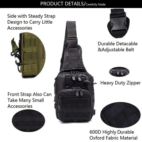 Go-To Tactical Sling Pack With Three Carry Styles Shoulder Bag Chest Sling And Hand Carry Outdoor Daypack, Oxford fabric, 11x7.5x3.9 inches.