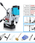 Powerful 1500W Magnetic Drill Press with a blue motor, ergonomic handles, and magnetic base for metalworking tasks.