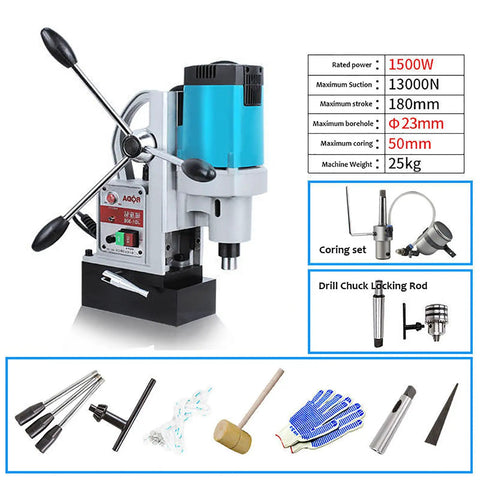 Powerful 1500W Magnetic Drill Press with a blue motor, ergonomic handles, and magnetic base for metalworking tasks.