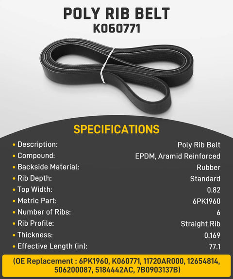 90K-39282D All In One Serpentine Belt Drive Component Kit For 3.6L V6 Chrysler Dodge Cars 2011 To 2019 Includes Drive Belt Tensioner 39282 And Idler Pulley 38082 For Town And Country Grand Caravan Journey Avenger Ram C V. Poly rib belt 6PK1960, EPDM rubber.