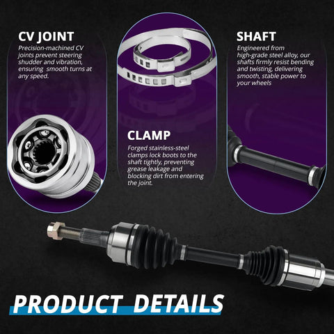 Heavy Duty Front CV Axle Pair Set For 2.4L Chevy Equinox 2010 Through 2017 detailed view showing joint, clamp, and shaft design.