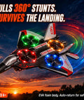Big Power 2.4GHz RC Plane with LED lights performing stunts against sunset backlight, detailed view of foam fighter jet glider.