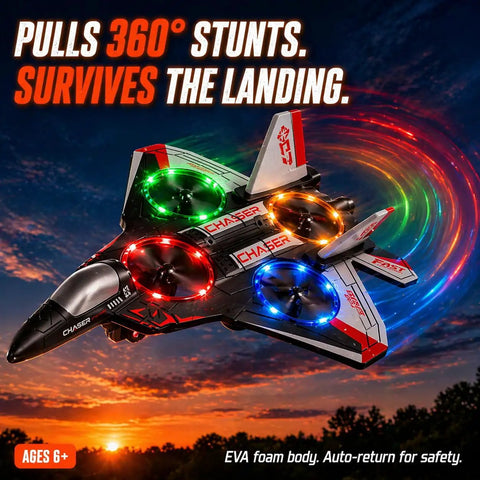 Big Power 2.4GHz RC Plane with LED lights performing stunts against sunset backlight, detailed view of foam fighter jet glider.