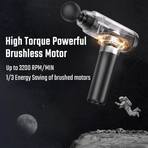Transparent view of heated massage gun with heat head, showcasing high torque powerful brushless motor for efficient muscle relief.