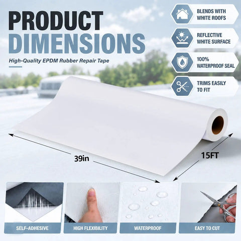 1 Roll EPDM Rubber Roofing Membrane 50 Mil Thick 39 By 15 Ft White Vulcanized Sheet shown laid flat for easy measurement.