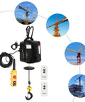 Beefy 3 In 1 Electric Hoist Winch Featuring A Tough 1100 Pound Lift Capacity And Mighty 1500 Watt Motor with remote controls and lifting hook.