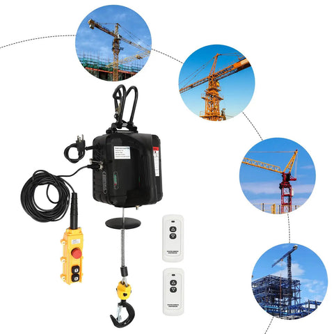 Beefy 3 In 1 Electric Hoist Winch Featuring A Tough 1100 Pound Lift Capacity And Mighty 1500 Watt Motor with remote controls and lifting hook.