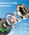 Exploded view of Dope Portable Wireless Shower Speaker With Digital Display And Detachable Hook IPX7 Waterproof LED Light For Bathroom, Pool, Beach And Outdoor Adventures, High Definition Sound And Deep Bass showing speaker components against sky.