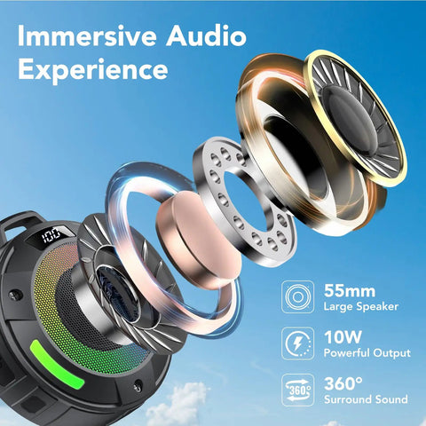 Exploded view of Dope Portable Wireless Shower Speaker With Digital Display And Detachable Hook IPX7 Waterproof LED Light For Bathroom, Pool, Beach And Outdoor Adventures, High Definition Sound And Deep Bass showing speaker components against sky.