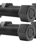 Angled view of two 5-inch black oxide all-thread studs with hex nuts on both ends (four nuts)
