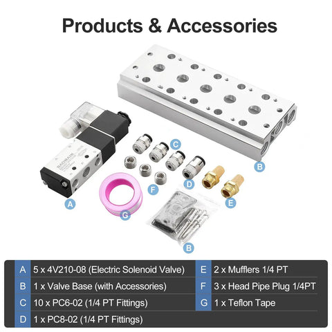 Five Station 24V DC Solenoid Valve Manifold Five Way Two Position Pneumatic Air Valve With 1 4 In PT Ports Includes Manifold Base And Mufflers Easy Install No Fuss Space Saving product and accessories kit
