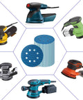 Various sanders surrounding Sander Sandpaper 5 Inch 8 Hole Disc With Hook And Loop Pads 240 Grit Blue Aluminum Oxide.
