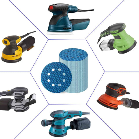 Various sanders surrounding Sander Sandpaper 5 Inch 8 Hole Disc With Hook And Loop Pads 240 Grit Blue Aluminum Oxide.
