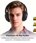 Person wearing Hybrid Noise Cancelling Wireless Over Ear Headphones With 90 Hour Battery Life Bluetooth Six Point Zero Foldable Design