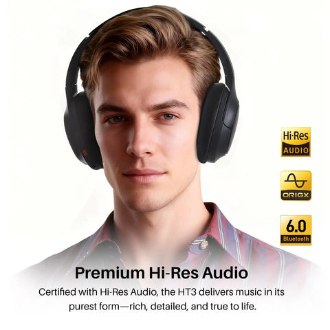 Person wearing Hybrid Noise Cancelling Wireless Over Ear Headphones With 90 Hour Battery Life Bluetooth Six Point Zero Foldable Design