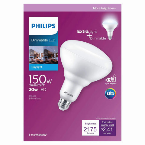 Flicker Free High Lumen Dimmable BR40 LED Bulb With Eye Comfort Tech, 2175 Lumens Daylight 5000K, 20W Equal to 150W, E26 Base, Title 20 Certified packaging