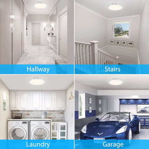 Motion Activated LED Ceiling Light 15W 1200LM Flush Mount Round Fixture used in hallway, stairs, laundry, and garage.