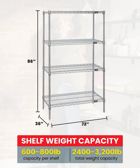 Heavy Duty Stainless Steel Wire Shelving Starter Kit Rock Solid Four Shelf Rack Built Tough For Garage Or Warehouse Holds Up To Eight Hundred Pounds Per Shelf Smoothly Adjustable