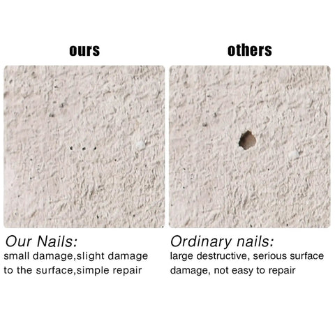 Comparison of wall surfaces showing small holes from 100 Pieces Picture Hanging Nails Set and larger damage from ordinary nails.