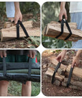 4 Pack Heavy Duty Luggage Tie Straps Featuring Swivel Hog Ring Hooks For Roof Rack Cargo And Truck Bed Hauling Secure Your Gear With Zero Sweat On Long Drives, shown being used to carry firewood and camping gear.