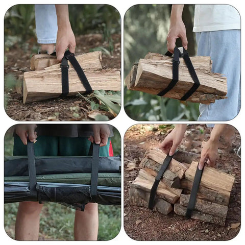 4 Pack Heavy Duty Luggage Tie Straps Featuring Swivel Hog Ring Hooks For Roof Rack Cargo And Truck Bed Hauling Secure Your Gear With Zero Sweat On Long Drives, shown being used to carry firewood and camping gear.